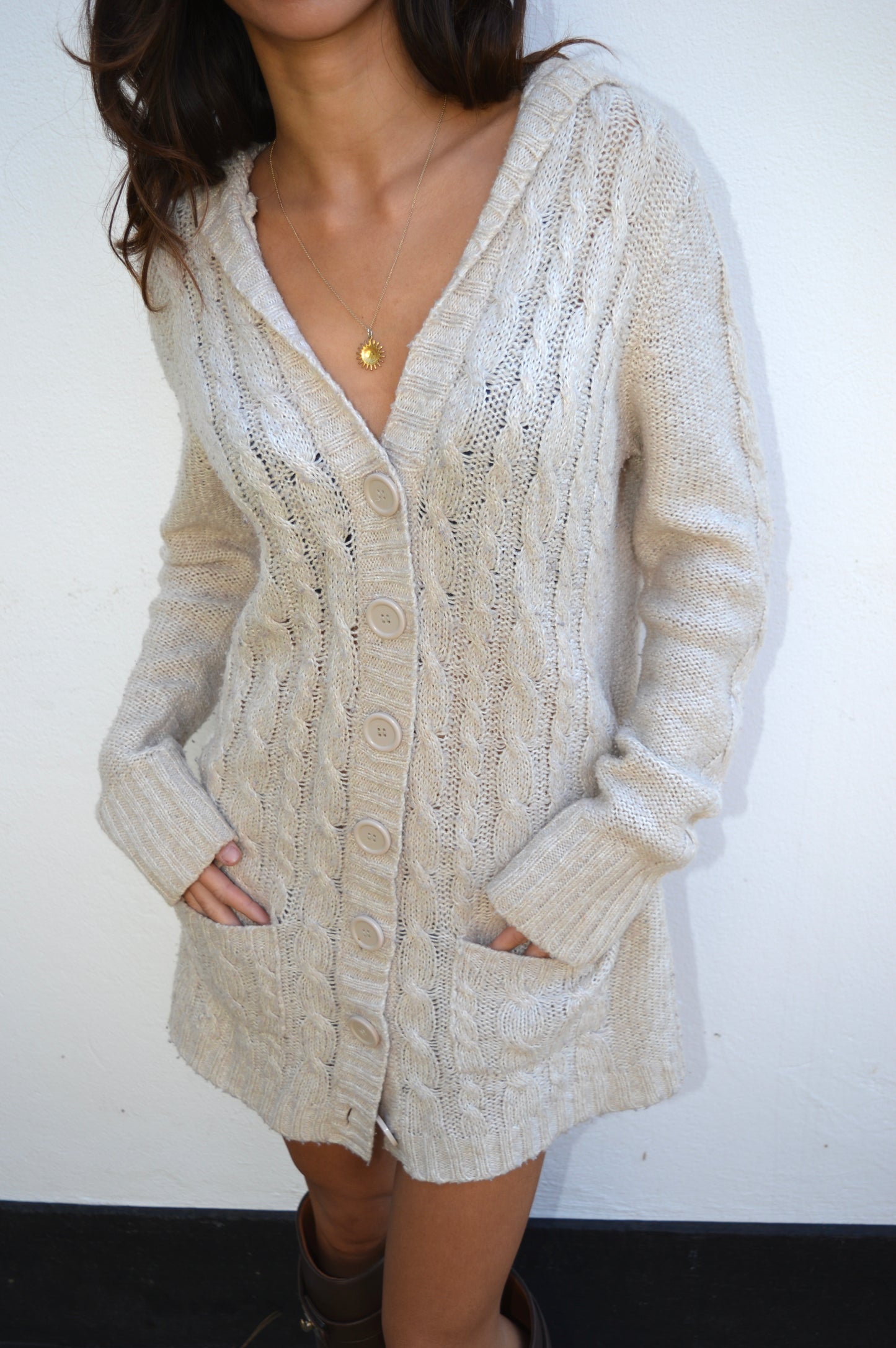Long button down hooded sweater beige, M /L