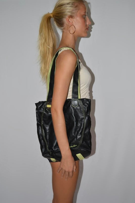 a. Black shoulder bag with green details