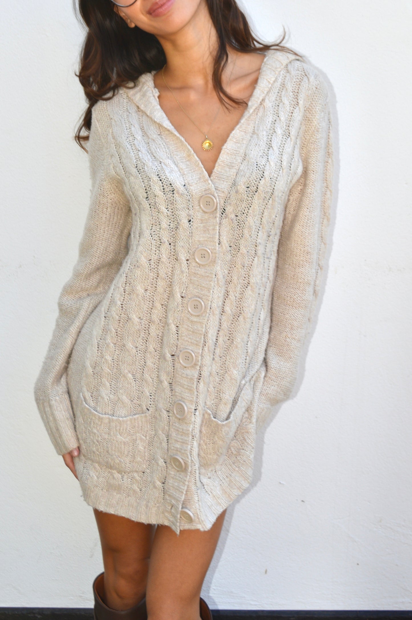 Long button down hooded sweater beige, M /L