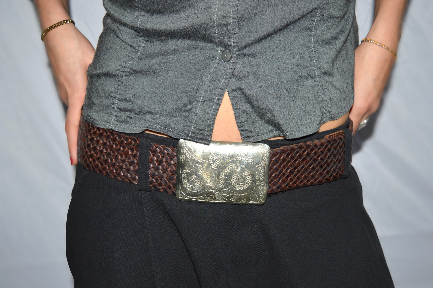 Braided leather belt w/ silver plack, 85 CM