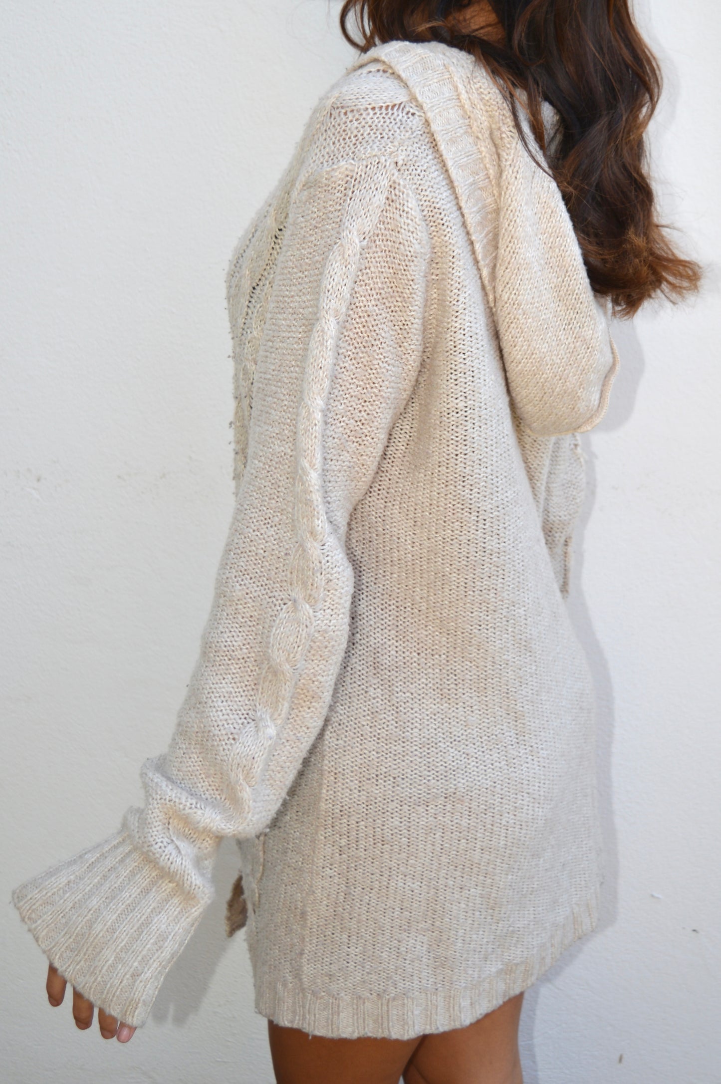 Long button down hooded sweater beige, M /L