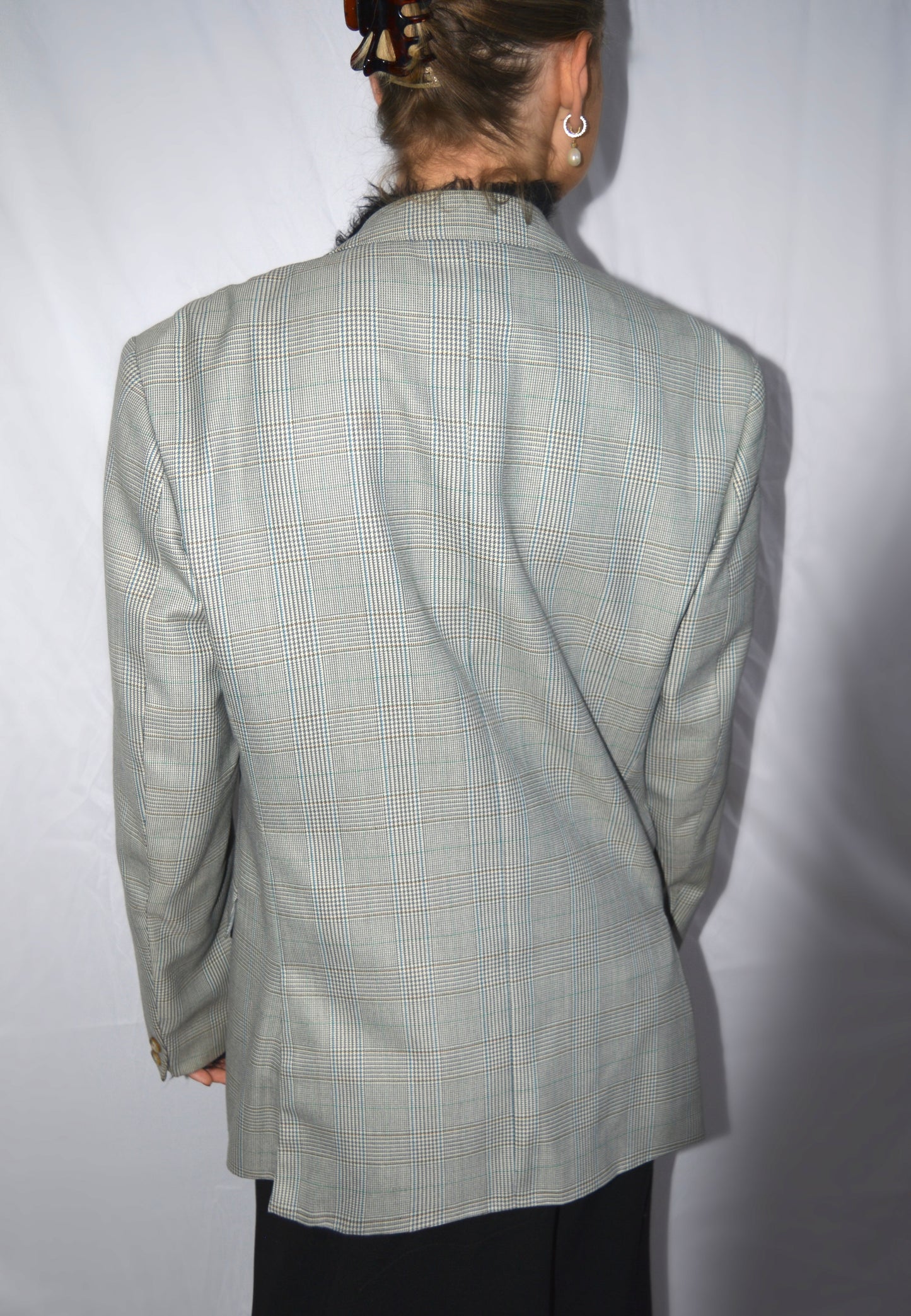 White/Grey/Blue/Red plaid oversized blazer, L/XL