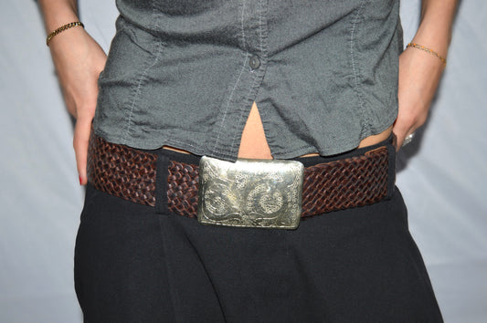 Braided leather belt w/ silver plack, 85 CM
